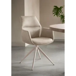 Sale Eetkamerstoel Faido microvezel beige poot grijs Armstoel|Eetkamerstoel