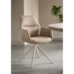 Outlet Eetkamerstoel Faido microvezel taupe poot grijs Armstoel|Eetkamerstoel