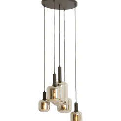 Outlet Hanglamp Trecate mat zwart smoke glas 5-lichts rond Hanglamp