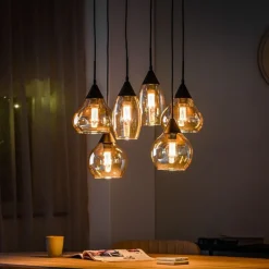 Online Hanglamp zwart amber glas 6-lichts - Lungo Hanglamp