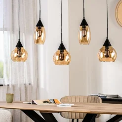 Outlet Hanglamp zwart amber glas 5-lichts - Lungo Hanglamp