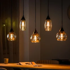 Outlet Hanglamp zwart amber glas 5-lichts - Lungo Hanglamp