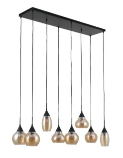 Outlet Hanglamp zwart amber glas 8-lichts - Lungo Hanglamp