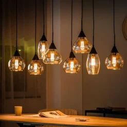 Outlet Hanglamp zwart amber glas 8-lichts - Lungo Hanglamp