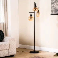 Vloerlamp zwart amber glas 3-lichts - Lungo Vloerlamp